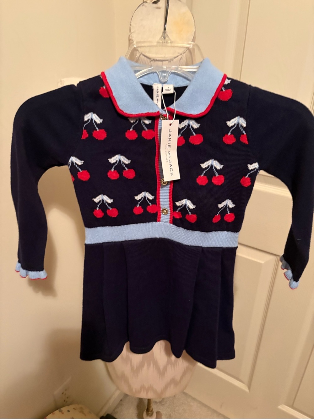 Janie and Jack Navy Blue Cherry Knit Dress with Light Blue Trim size 3 nwt $74